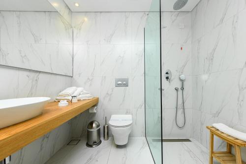 萨索斯玛丽酒店的带淋浴、盥洗盆和卫生间的浴室