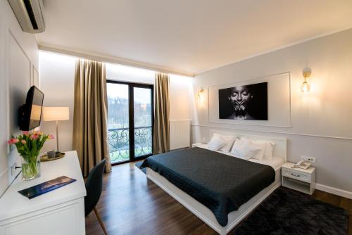 蒂米什瓦拉拉米娜酒店的酒店客房设有床和窗户。