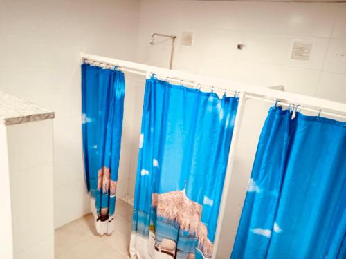 VilladesusoAlojamiento Camino Portugues Oia的一间在客房内配有蓝色淋浴窗帘的浴室