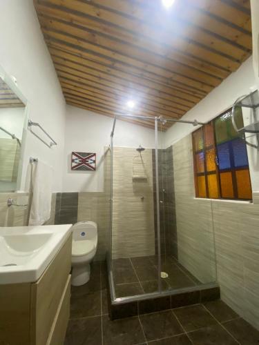 阿卡西亚斯Casa de descanso acacias meta的带淋浴、卫生间和盥洗盆的浴室