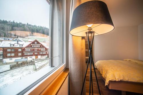 吕蒂斯堡洛伊斯利塔夫特维尔酒店的一间卧室设有一张床和一个大窗户