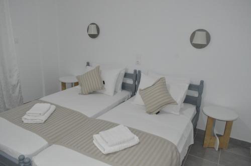 斯基亚索斯镇Pansion L'isola的两张睡床彼此相邻,位于一个房间里