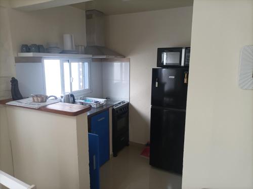 梅塞德斯Lavalleja 71的厨房配有黑色冰箱和台面