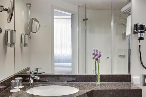 乌尔姆乌尔姆城际酒店的浴室设有水槽、镜子和紫色的鲜花