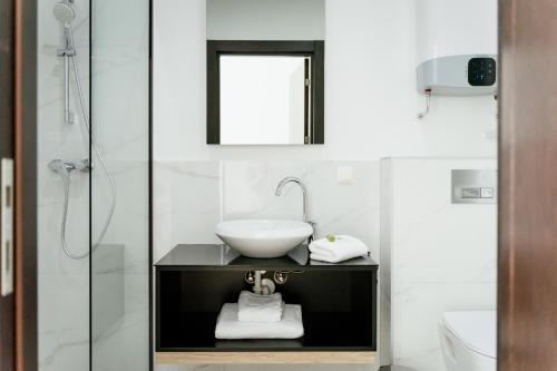 维也纳新城Lamede的白色的浴室设有水槽和淋浴。