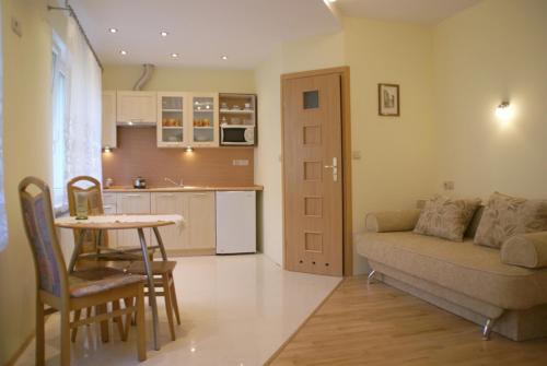 伊斯泰布纳Apartamenty Kubalonka的带沙发和桌子的客厅以及厨房。