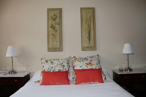 比利亚布纳德阿拉瓦Casa KILYX en Villabuena, Rioja Alavesa的一张带两个红色枕头的床和墙上的两张照片