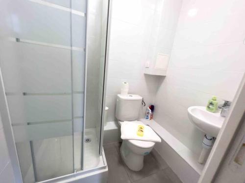 莫城Key-s Meaux/Suite4 Nala/centre/Disney的带淋浴、卫生间和盥洗盆的浴室