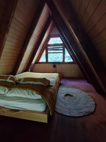 梅利佩乌科Alpinas de Sollipulli refugio llaima的帐篷内带窗户的房间里的一个床位
