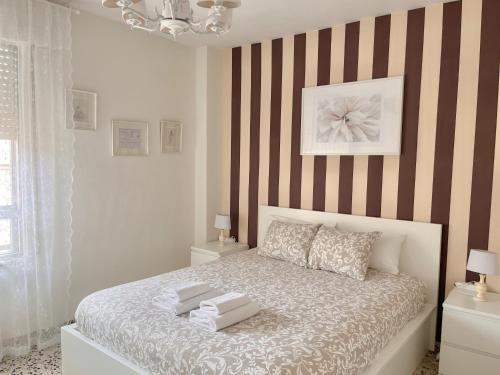 帕伦西亚En Palencia capital céntrico con garaje Roberto的一间卧室配有一张带条纹墙的床