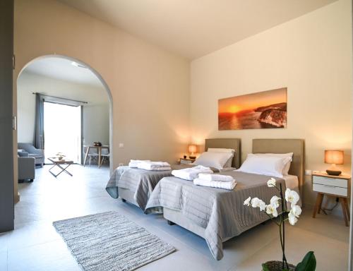 扎金索斯镇Villas Thalia的一间带两张床的卧室和一个拱门