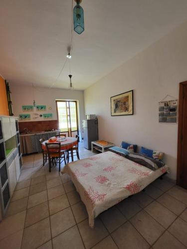 皮昂比诺La Palma appartamenti的一间带一张床的房间和一间带桌子的厨房