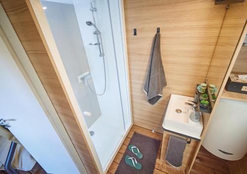 AscaratCamping Europ'Camping - Maeva的带淋浴和盥洗盆的小浴室