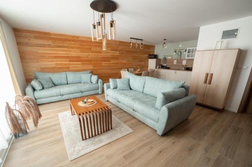 巴伊纳巴什塔Tarvil Apartmani - Zaovine的客厅配有2张蓝色的沙发和1张桌子