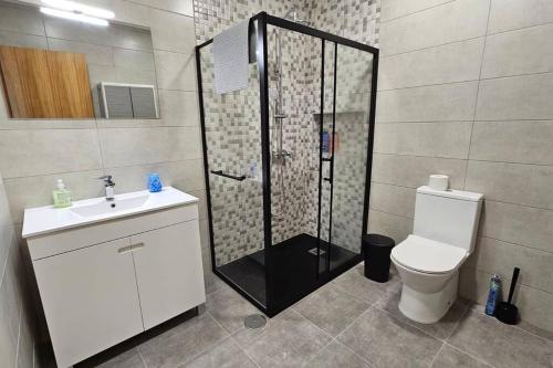 蓬塔德尔加达Casa da Relva的带淋浴、卫生间和盥洗盆的浴室