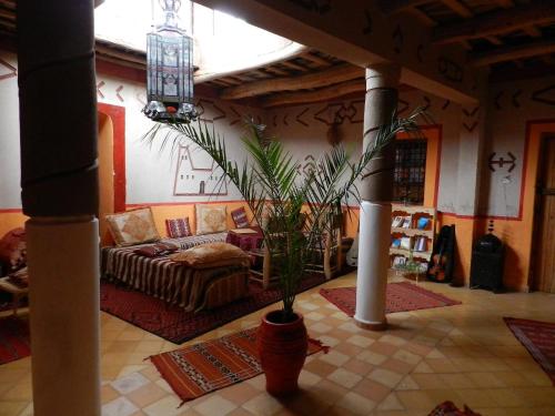 Aït IdaïrRiad Les 5 Lunes的带沙发和盆栽植物的客厅