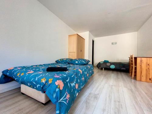 卡斯特拉讷Gorges du Verdon - Hyper centre Castellane - Rue Piétonne - Studio 3 Couchages的一间卧室配有一张带蓝色棉被的床