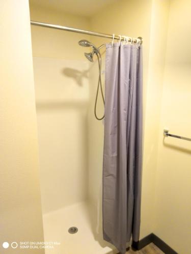 波特兰Private Room North Portland的浴室内设有带紫色淋浴帘的淋浴