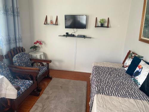 卡波布里奥Pousada Apartamento loft Braga的客厅配有两把椅子和墙上的电视