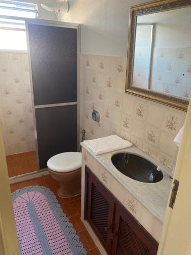 卡波布里奥Pousada Apartamento loft Braga的一间带水槽、卫生间和镜子的浴室
