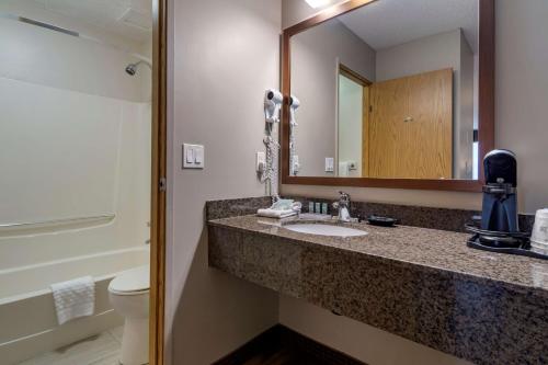 萨蒙阿姆SureStay Plus Hotel by Best Western Salmon Arm的一间带水槽、镜子和卫生间的浴室