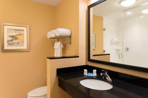 坦帕坦帕西岸/机场万豪费尔菲尔德客栈的一间带水槽、镜子和卫生间的浴室