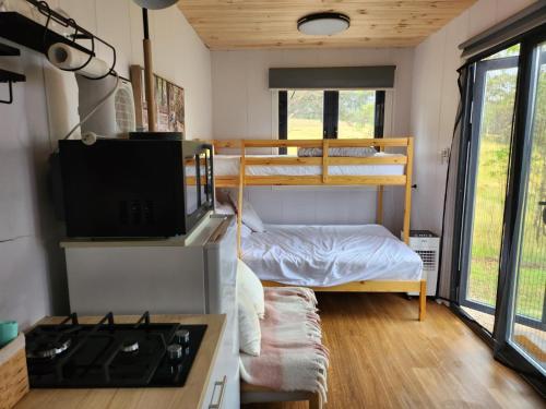 HartleyTiny Home - Bluebird的一间小房间,配有双层床和炉灶