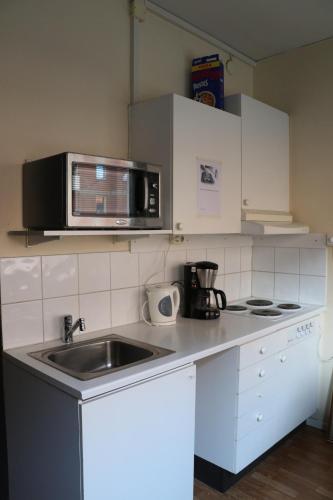 诺尔雪平Hotell Drott的厨房配有水槽和微波炉