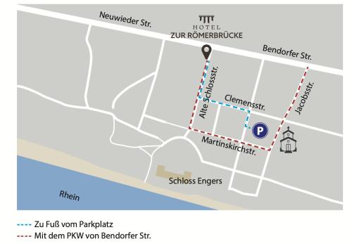 新维德Hotel zur Römerbrücke的一张地图,显示了miramar kiwi餐厅酒吧和夜总会的大致位置