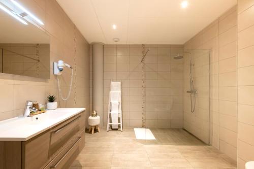Melen德拉图尔酒店的带淋浴、盥洗盆和镜子的浴室