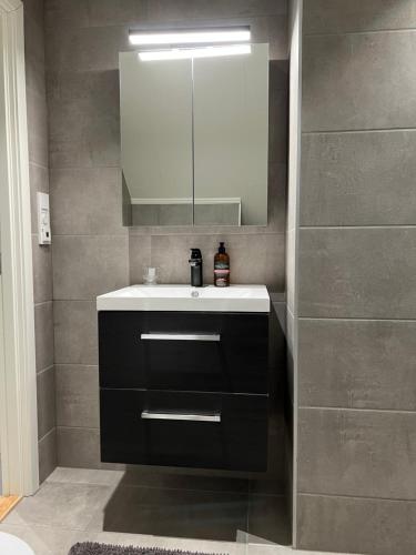 波多Ny og moderne 2-roms leilighet的一间带水槽和镜子的浴室