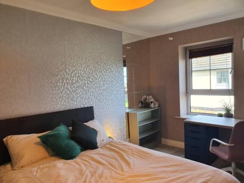 都柏林The Milltown Apartment的一间卧室配有一张床、一张书桌和一个窗户。
