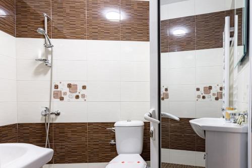 巴尼亚Баня Аква Ризорт的浴室配有卫生间、盥洗盆和淋浴。