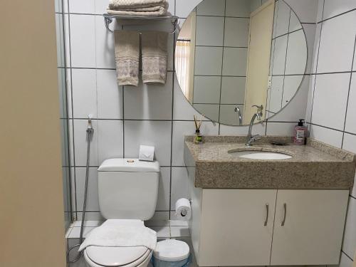 巴雷里尼亚斯Gran Lençóis Flat Residence的一间带卫生间、水槽和镜子的浴室