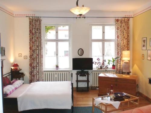 赖因斯贝格安诺怀旧公寓的一间卧室设有一张床、一台电视和窗户。