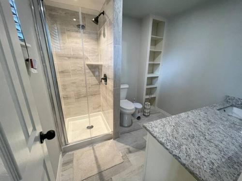 矿泉井城3BR 2BA Home at Cross Timbers的带淋浴、卫生间和盥洗盆的浴室