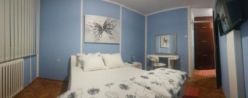 尼什Shangri La Residence的一间拥有蓝色墙壁的卧室和一张位于客房内的床