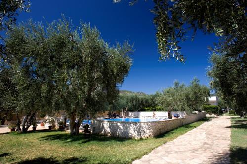 马蒂纳塔Villaggio San Matteo Resort的树木繁茂的公园内的游泳池