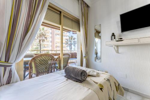 福恩吉罗拉Doña Sofía的一间卧室设有一张床、一台电视和一个阳台。