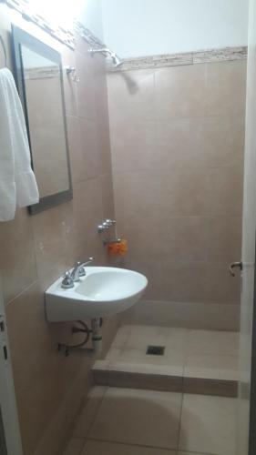 Libertador General San MartínLoma Blanca的浴室配有盥洗盆和带镜子的淋浴