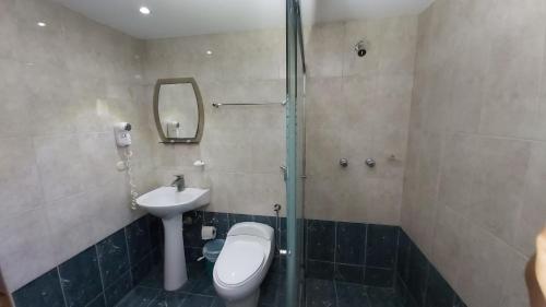 Catia La MarHOTEL MUEVETE POR VARGAS的浴室配有卫生间、盥洗盆和淋浴。