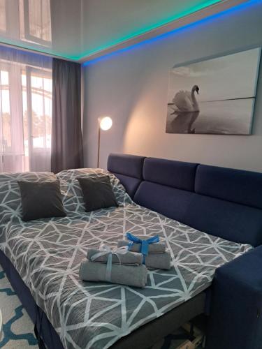 奥古斯图Apartament Augustów SWAN的一间卧室配有一张蓝色沙发的床