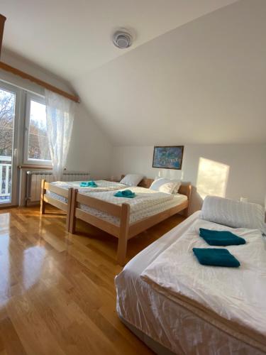 斯莫利亚纳茨PLITVICE OAZA MIRA的一间卧室设有两张床和大窗户