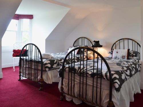 BelladrumKennels Cottage - Beaufort Estate的卧室配有两张单人床,铺有红地毯