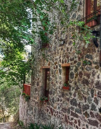 圣萨尔瓦多德朱Miraflores Casa de Campo的一座古老的石头建筑,有两个窗户,种有植物