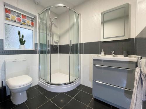 ApplethwaiteMerlestead的带淋浴、卫生间和盥洗盆的浴室