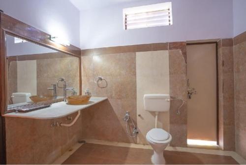 塔拉Maharaja Kothi Resort, Bandhavgarh的浴室配有卫生间、盥洗盆和淋浴。