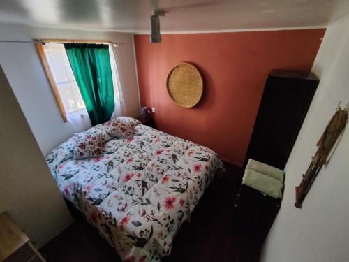 圣佩德罗·德·阿塔卡马CABAÑA SAN PEDRINA的一间小卧室,配有床和绿帘