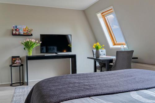 希勒霍姆Liv Inn的一间卧室配有一张床、一台电视和一张书桌