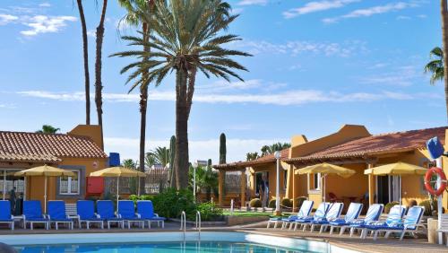 英格兰海滩Bungalows Los Almendros - Exclusive Vacation Club的一个带椅子和棕榈树的度假游泳池